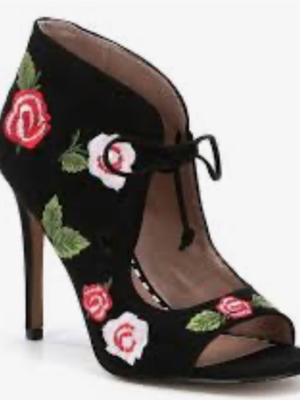 Black Rose Embroidered Peep-Toe Heel with Ankle Tie